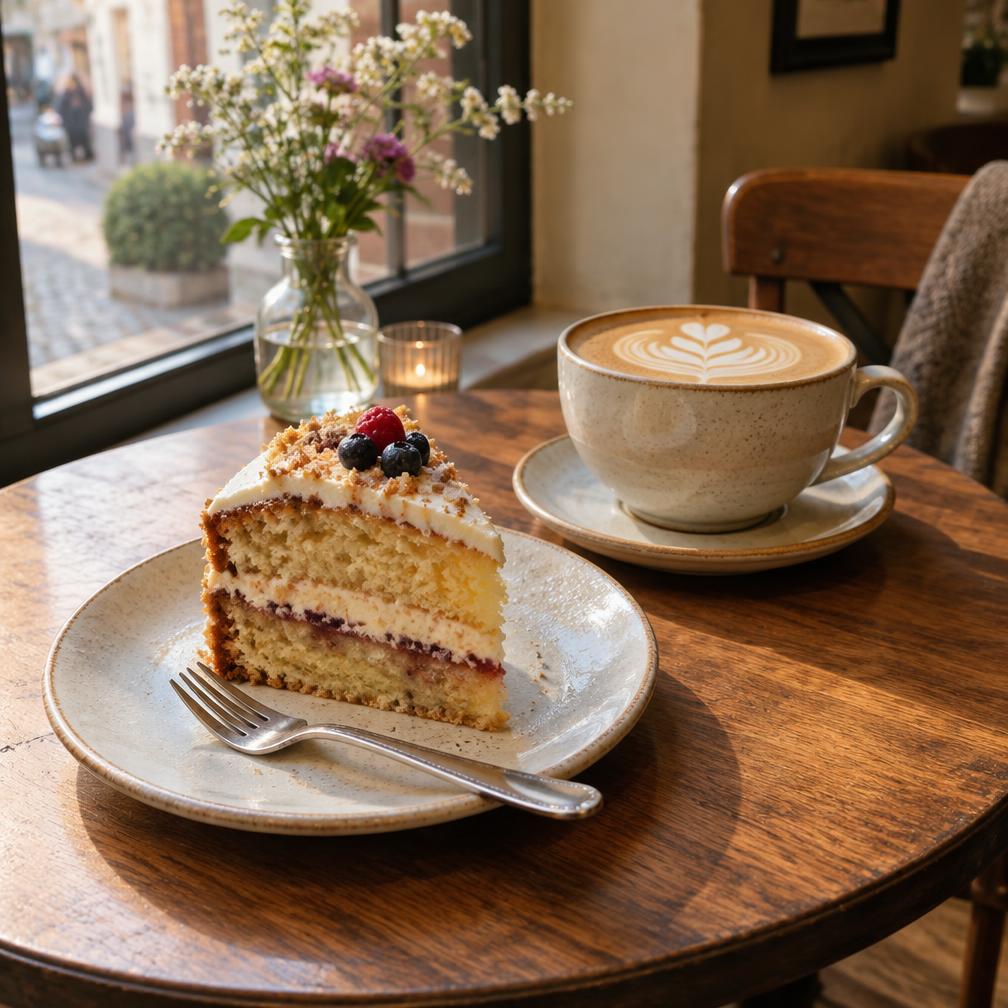 Homemade cake and coffee at Rose's Cafe, Kilburn